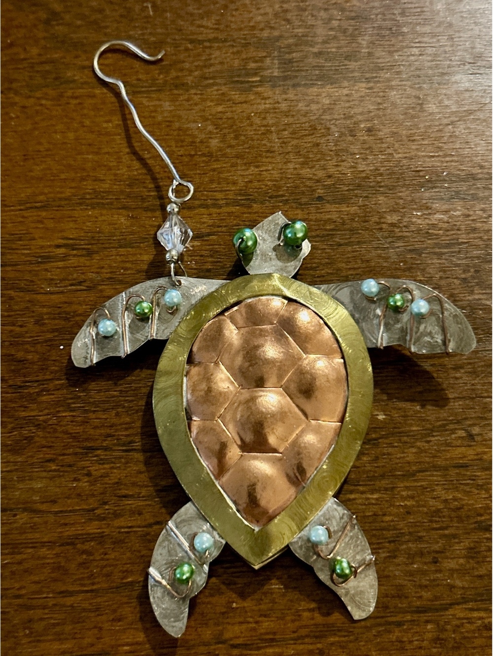 Handcrafted Metal Turtle Ornament with Beaded Accents